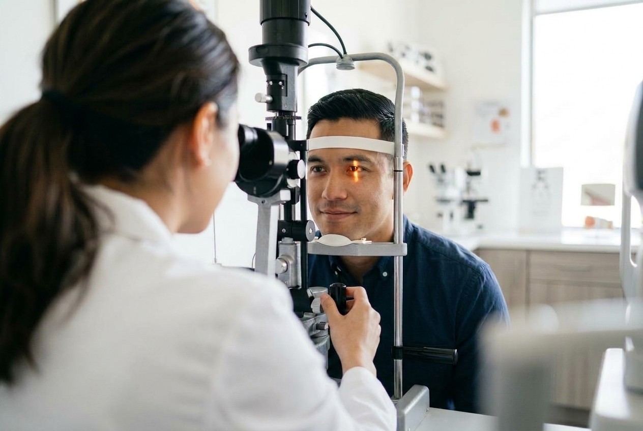 A patient receiving a slit lamp eye exam at ClearPoint Family Eyecare