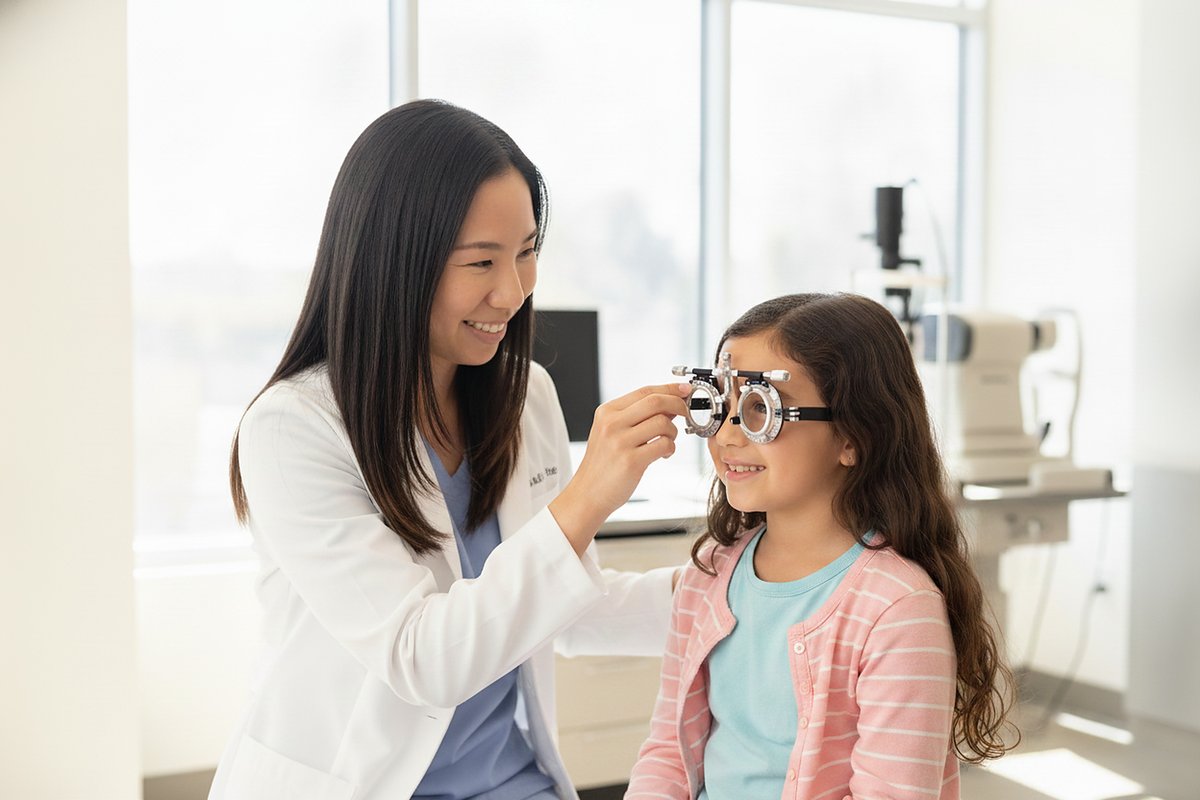 An optometrist examining a young girl's eyes with trial frames
